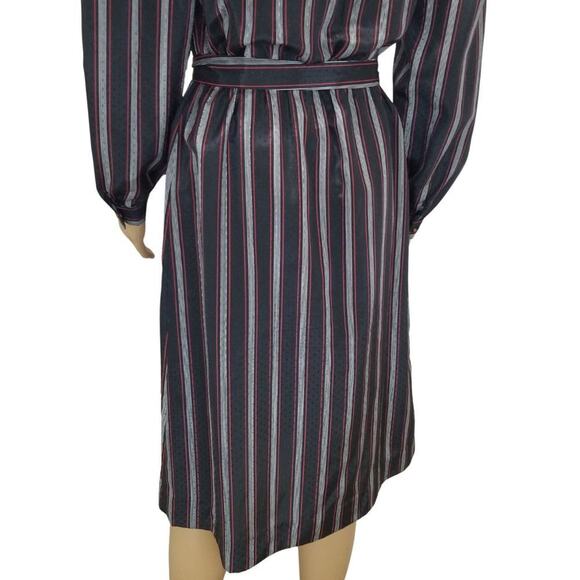1980s Striped Metallic Long Sleeve Midi Dress Button Up Belted Vintage Size 7/8 - Picture 6 of 8